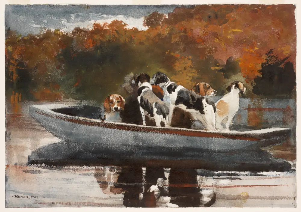 Akwarela Winslowa Homera z 1889 roku przedstawiająca psy siedzące w łodzi na wodzie
