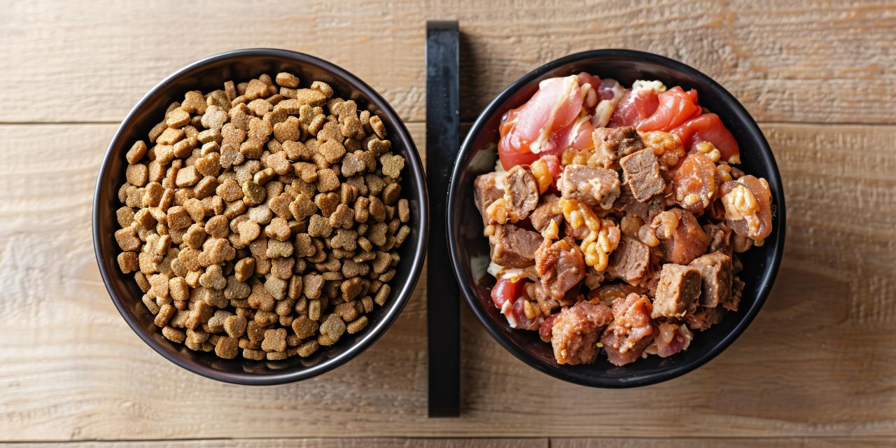 Porównanie karmy suchej i mokrej dla psa w miskach