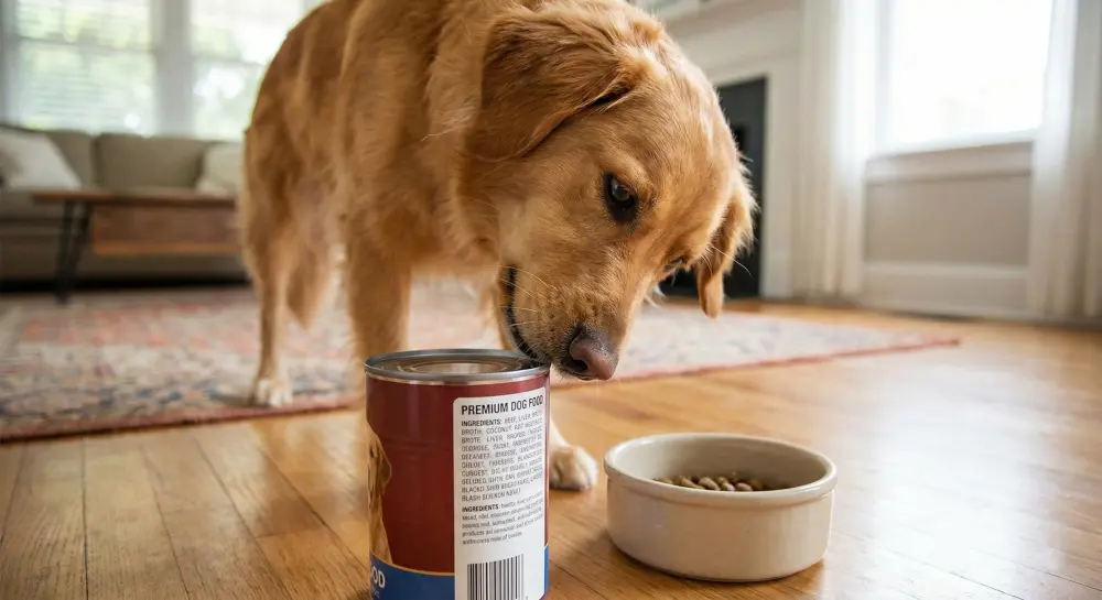 Golden retriever wpatrujący się z zaciekawieniem w etykietę ze składem na puszce mokrej karmy