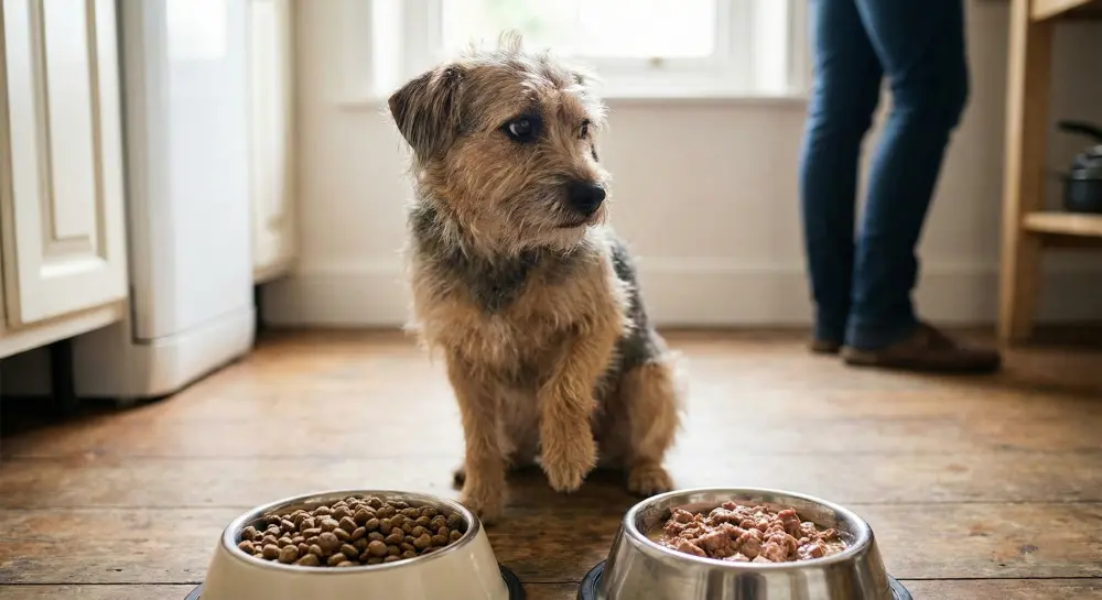 Mały, kudłaty pies siedzący między dwiema miskami, wahający się z uniesioną łapą między suchą karmą w lewej misce a mokrą karmą w prawej