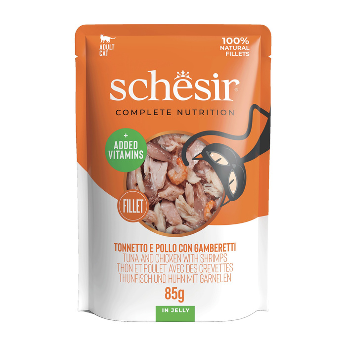 Schesir C&B kot pouch tuńczyk z kurczakiem i krewetkami filety galaretka 85g 12szt/display