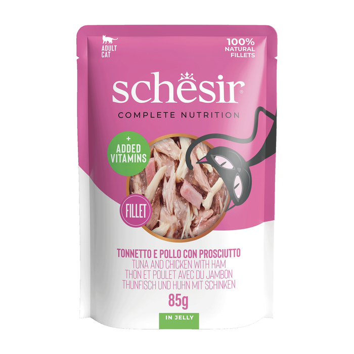 Schesir C&B kot pouch tuńczyk z kurczakiem i szynką filety galaretka 85g 12szt/display