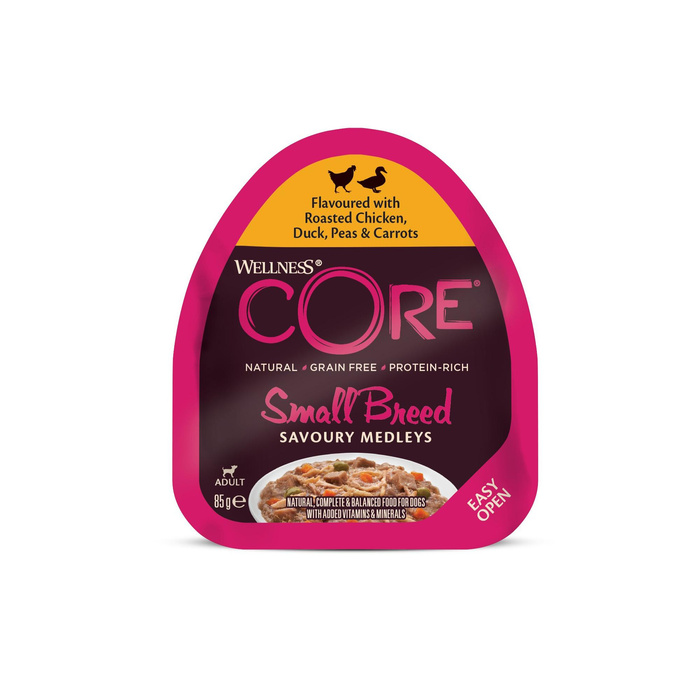 Wellness Core Small Breed Savoury Medleys karma mokra dla dorosłych psów małych ras kurczak kaczka groch i marchew 85g szalka