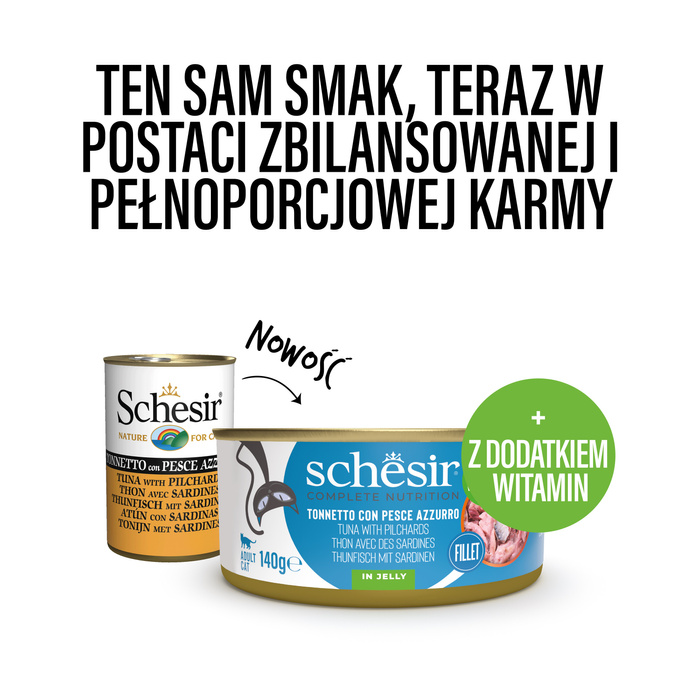Schesir C&B Karma mokra dla kotów tuńczyk z sardynkami w galarecie 140g puszka
