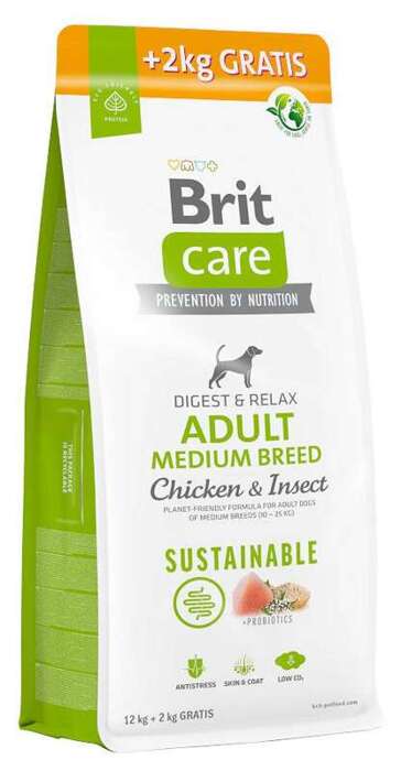 Brit Care Dog Sustainable Adult Medium Breed z kurczakiem i owadami 12+2kg