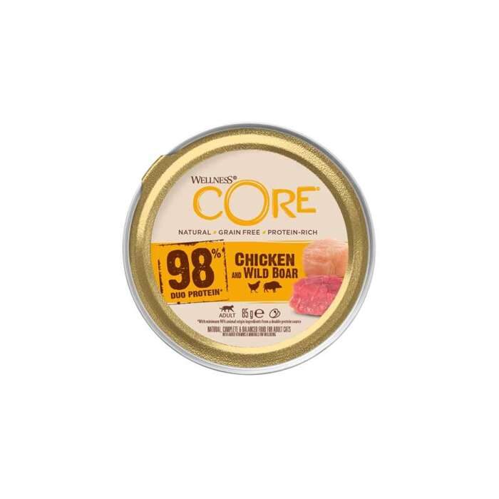 Wellness Core 98% Duo Protein karma mokra dla dorosłych kotów kurczak i dzik 85g szalka