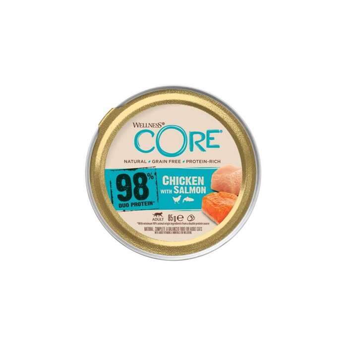 Wellness Core 98% Duo Protein karma mokra dla dorosłych kotów kurczak i łosoś  85g szalka