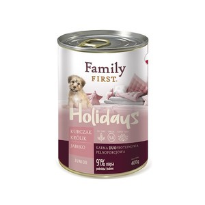 Family First Holidays z kurczakiem, królikiem i jabłkiem dla szczeniąt 12x400g